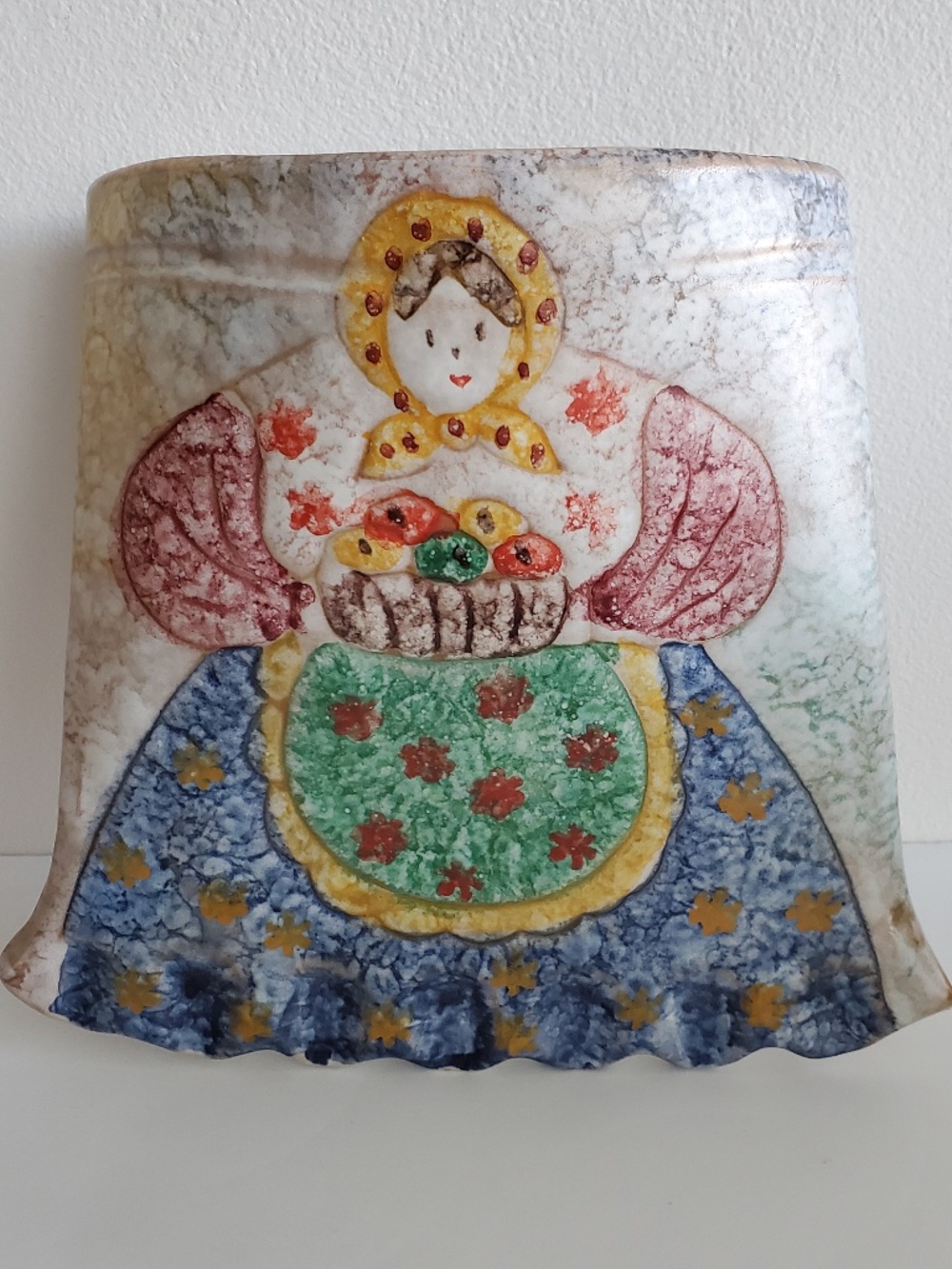 Vintage Italian ceramic wall Pocket Hand-Painted Woman with fruit Basket
